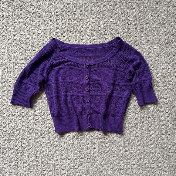 Cropped button up open knit purple short sleeve sweater - Picture 1 of 4